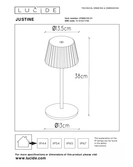 LAMPE DE TABLE JUSTINE RECHARGEABLE BLANC LED DIMMABLE LUCIDE