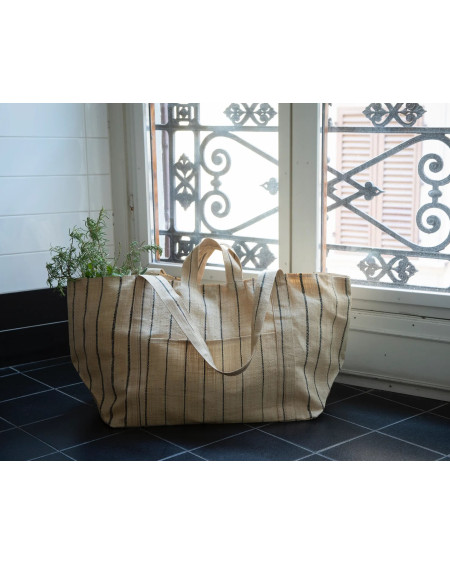 SAC SHOPPING GRAND RAPHIA NATUREL PIN STRIPE NOIR MAISON N.H. PARIS