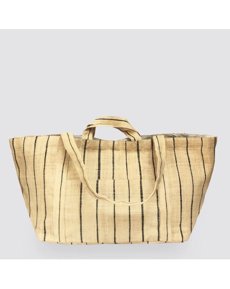 SAC SHOPPING GRAND RAPHIA NATUREL PIN STRIPE NOIR MAISON N.H. PARIS