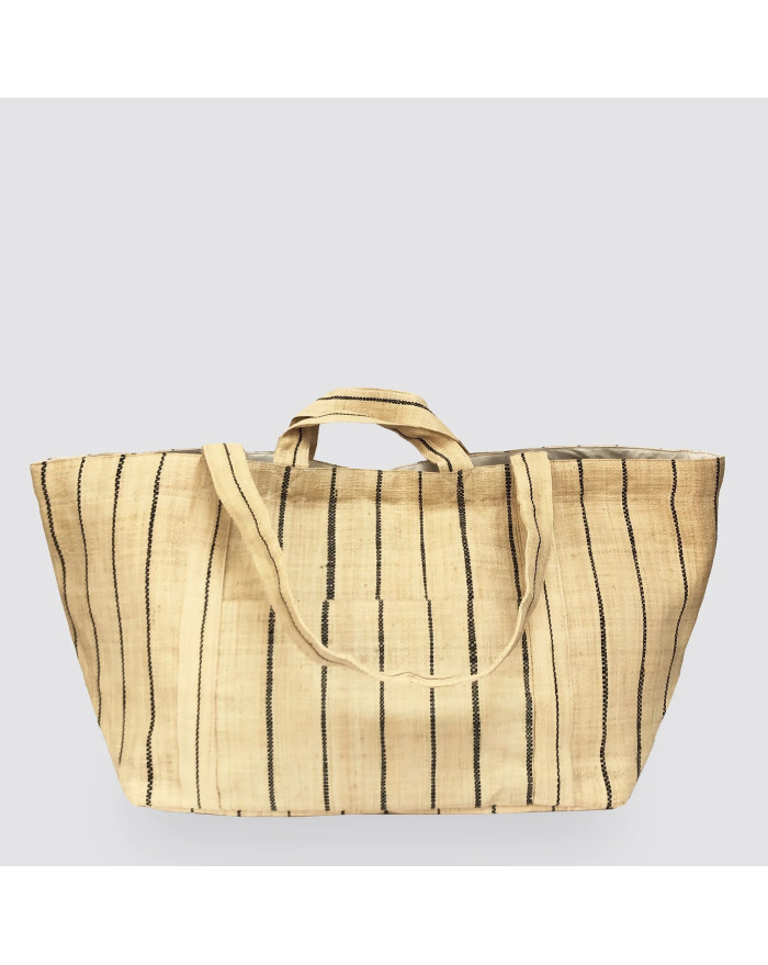 SAC SHOPPING GRAND RAPHIA NATUREL PIN STRIPE NOIR MAISON N.H. PARIS