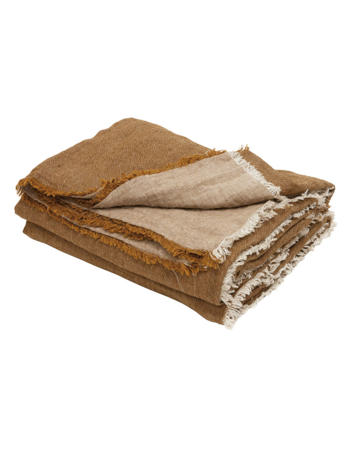 PLAID VICE VERSA FRANGE HAVANE GIVRE 140X250 LIN LAVE FROISSE MAISON DE VACANCES