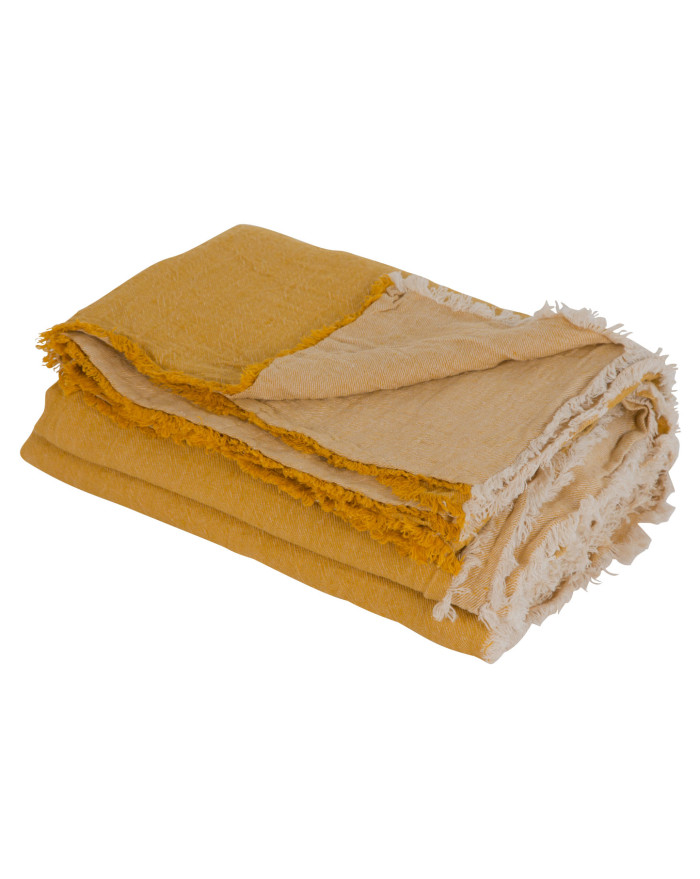 PLAID VICE VERSA FRANGE OCRE GIVRE 140X250 LIN LAVE FROISSE  MAISON DE VACANCES
