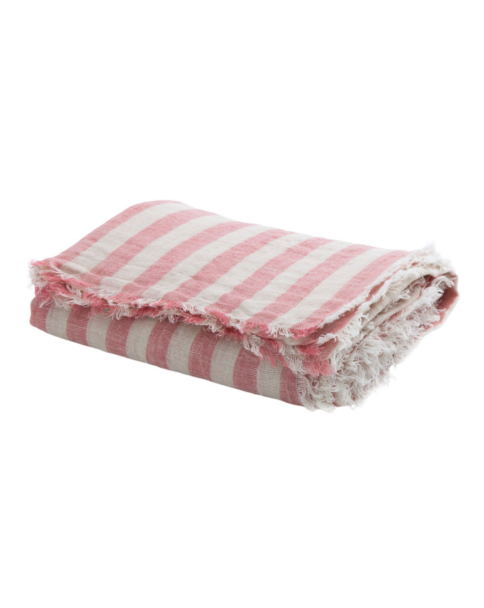 PLAID VICE VERSA FRANGE BAYADERE 150X250 GAZE DE LIN LAVE MAISON DE VACANCES