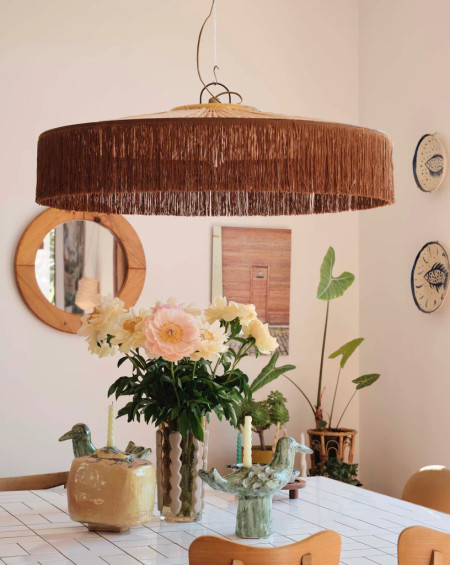 SUSPENSION PARASOL FRANGES M Ø70CM RAPHIA/MARRON HONORE