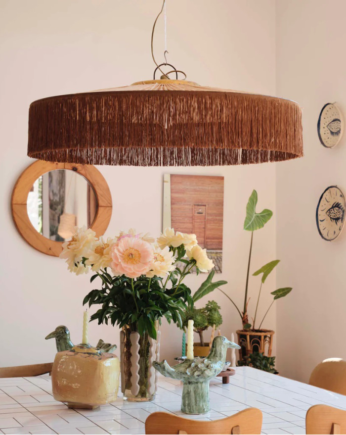 SUSPENSION PARASOL FRANGES M Ø70CM RAPHIA/MARRON HONORE