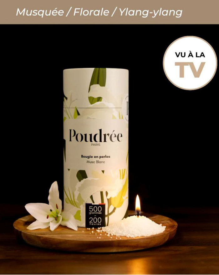 BOUGIE EN PERLE BLANCHE MUSC BLANC 500G POUDREE PARIS