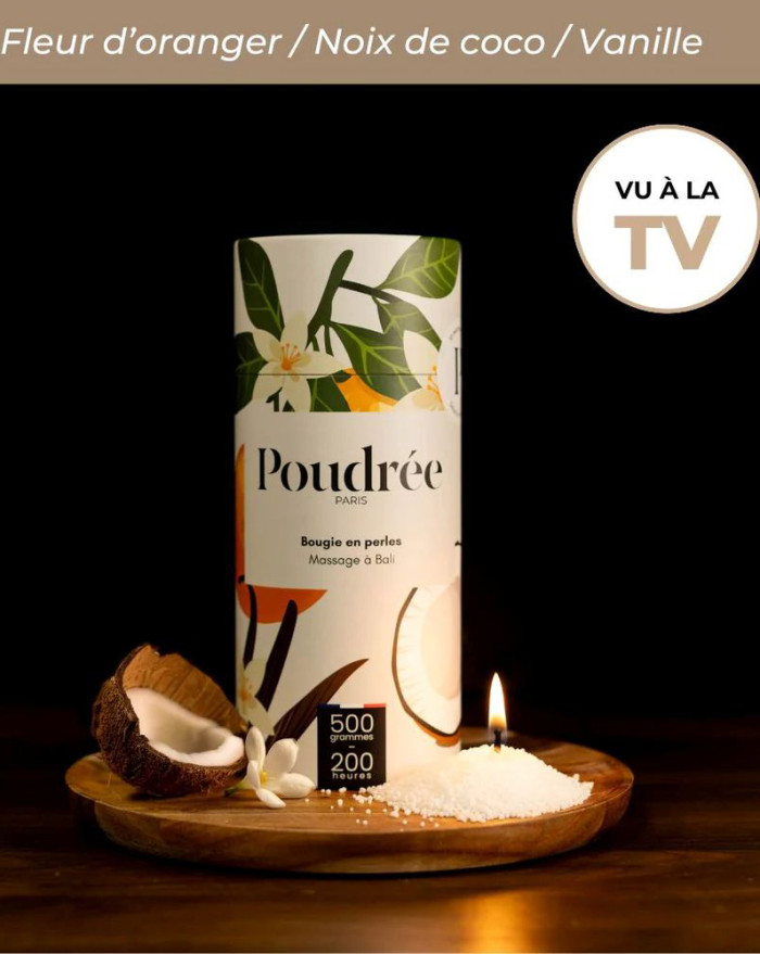 BOUGIE EN PERLE BLANCHE MASSAGE A BALI 500G POUDREE PARIS