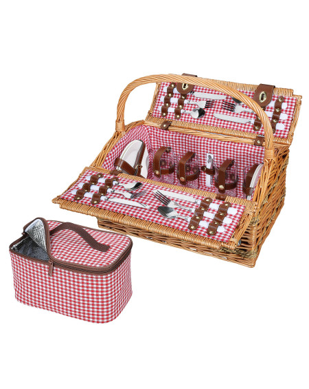 PANIER A PIQUE-NIQUE 4 PERSONNES BRUN CLAIR/VICHY ROUGE