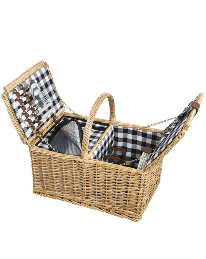 PANIER A PIQUE-NIQUE 4 PERSONNES BRUN CLAIR/VICHY BLEU